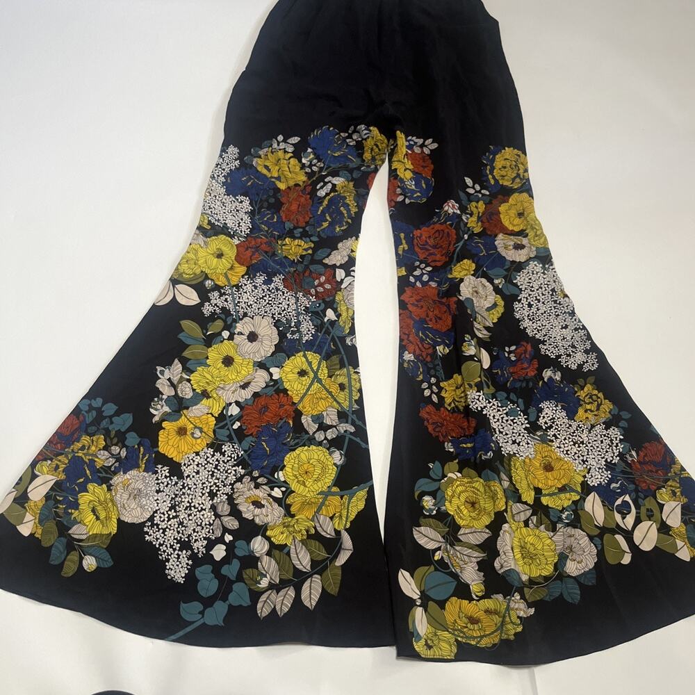 Sz 1 Sandro Paris Women's Bell Bottoms Flared Printed 100% Silk Floral Pants - Picture 13 of 15